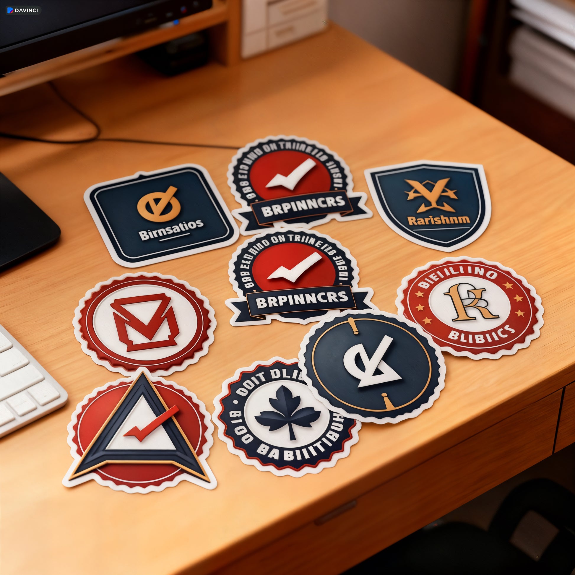 Collection of branded stickers on a wooden desk